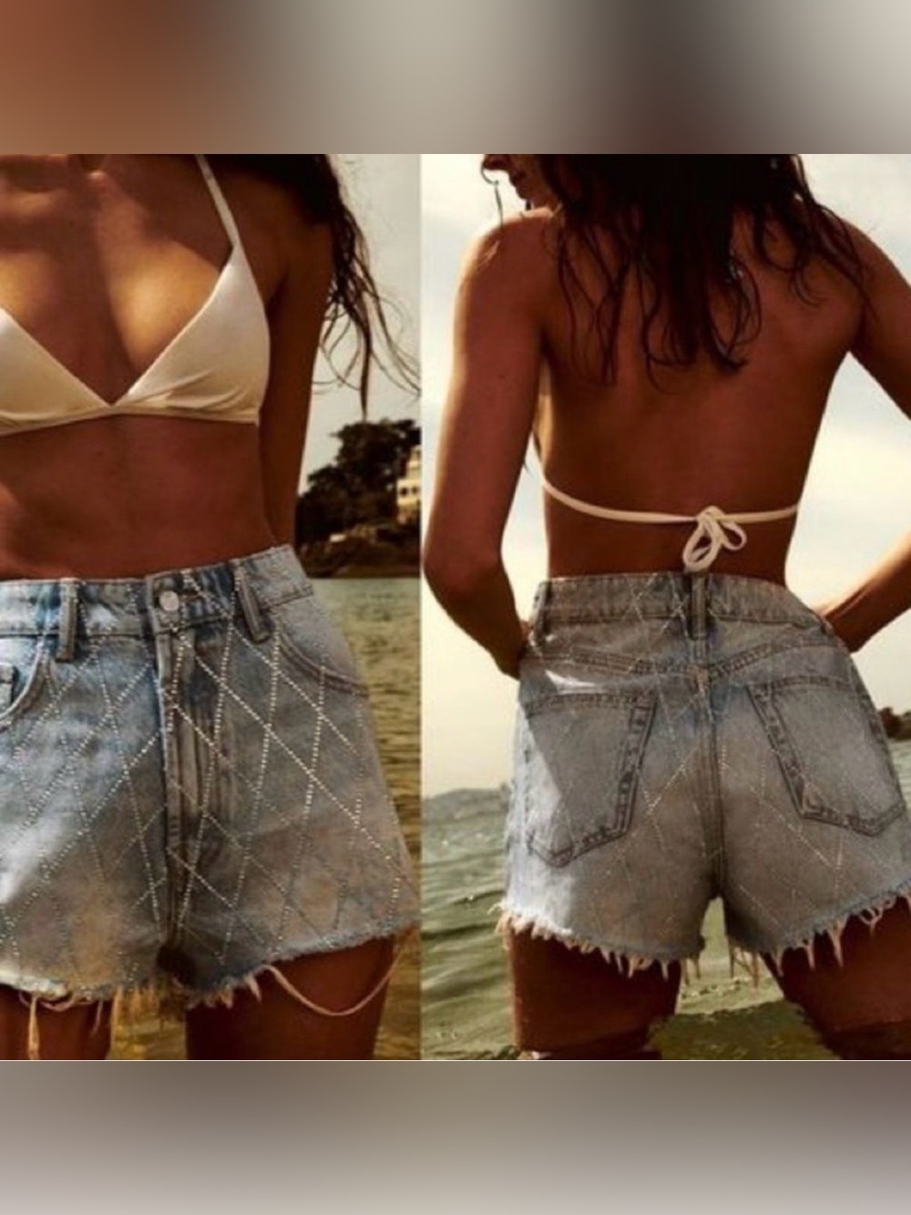 NWT ZARA Denim Shorts Women Size 0 Blue Distressed Rhinestone Studded High Rise